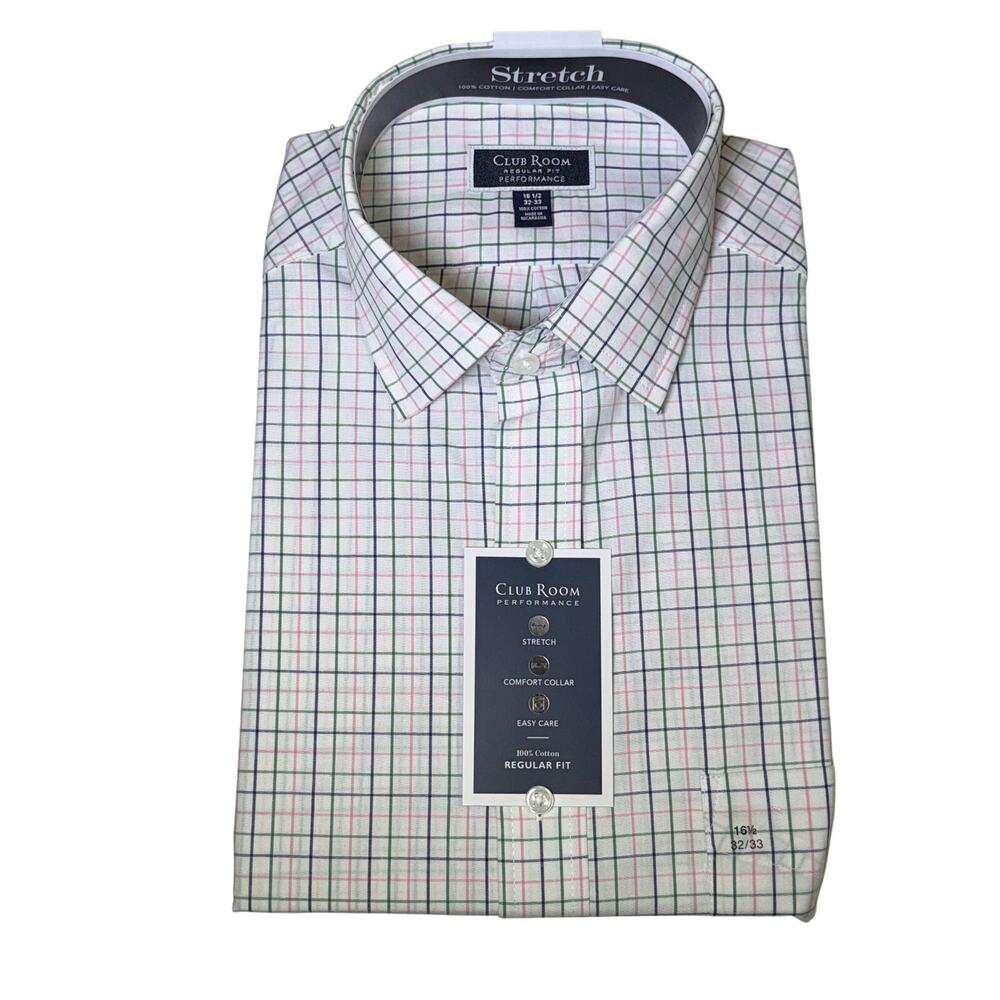 Club Room Men's Regular Fit Letto Plaid Dress Shirt pink green 16.5 32-33 $60